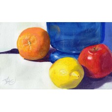 Blue Vase with Fruit - Watercolor  by Debra Kay Carter